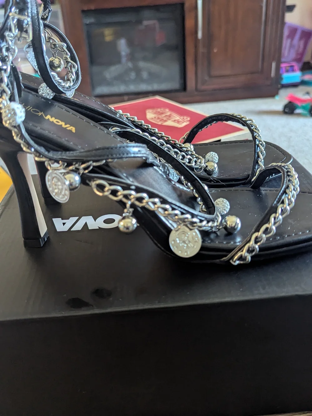 Fashion Nova Black Chain-Accent Heel Sandals